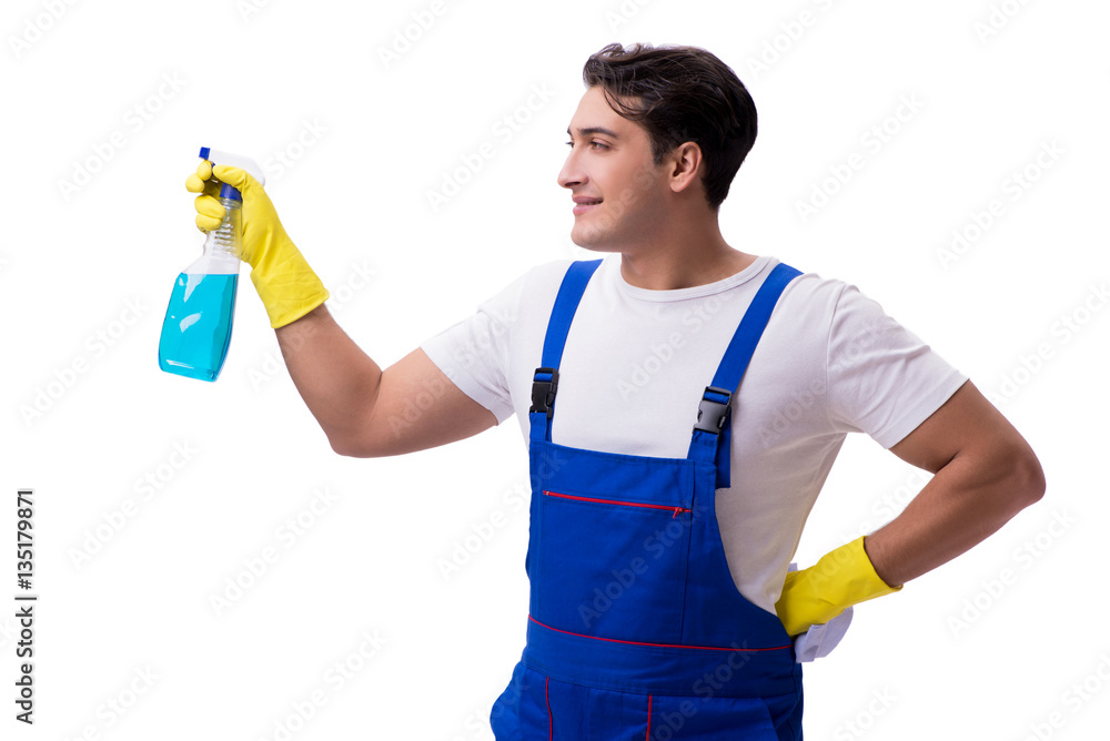 Man with cleaning agents isolated on white background Man with cleaning agents isolated on white background