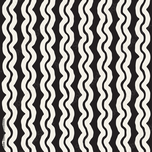 Roughly Drawn Wavy Stripes Stylish Graphic Texture. Vector Seamless Black and White Pattern