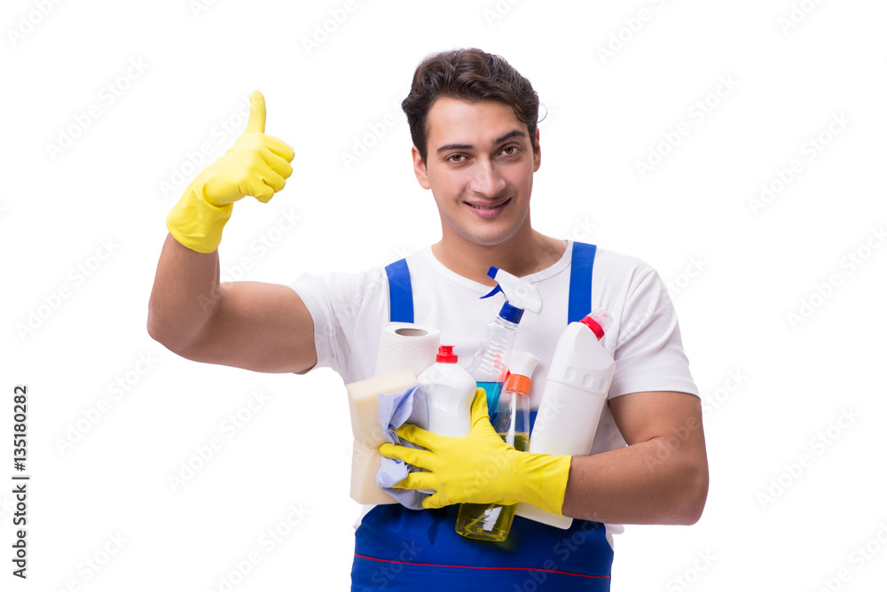 Man with cleaning agents isolated on white background Man with cleaning agents isolated on white background