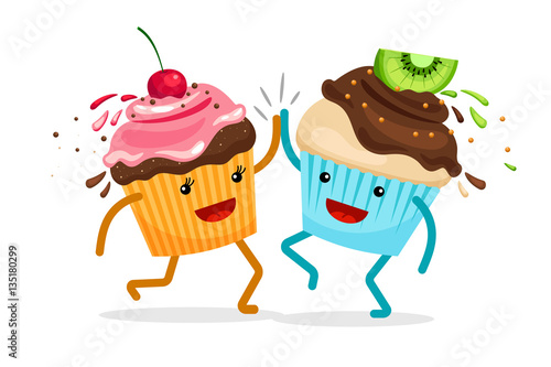 Cartoon muffins forever friends. Cupcakes clap hands vector illustration