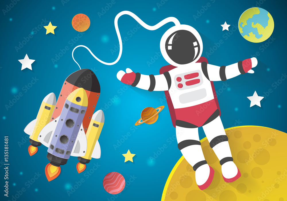 Naklejka premium Astronaut cartoon on the moon with a spaceship in space,paper cu