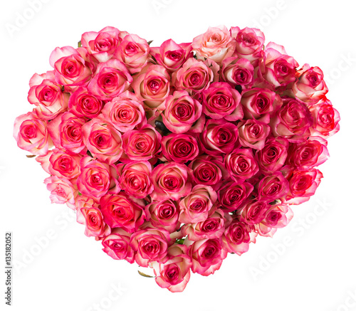 bouquet of pink roses  top view heart  isolated on white backgro