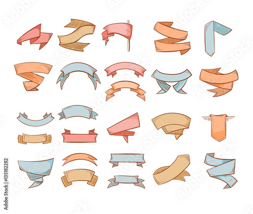 Cute banners, sketched ribbons, tags doodle vector set