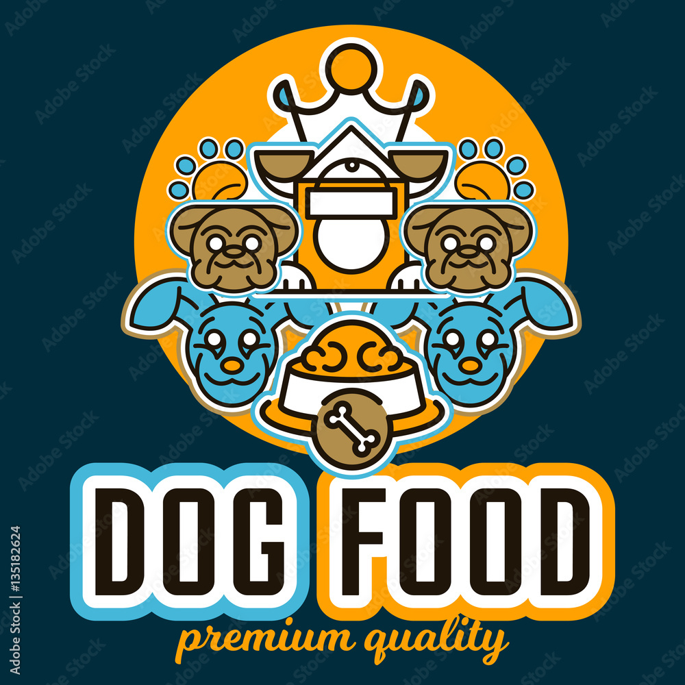 Vector illustration on the theme of food for dogs. Images of animals faces, different breeds of dogs, kennel, trace of legs, crown. Flat style, line art. Vector illustration on the theme of food for dogs. Images of animals faces, different breeds of dogs, kennel, trace of legs, crown. Flat style, line art.