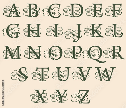 Vintage filigree decorative monograms with capital letters in renaissance victorian style. Vector alphabet