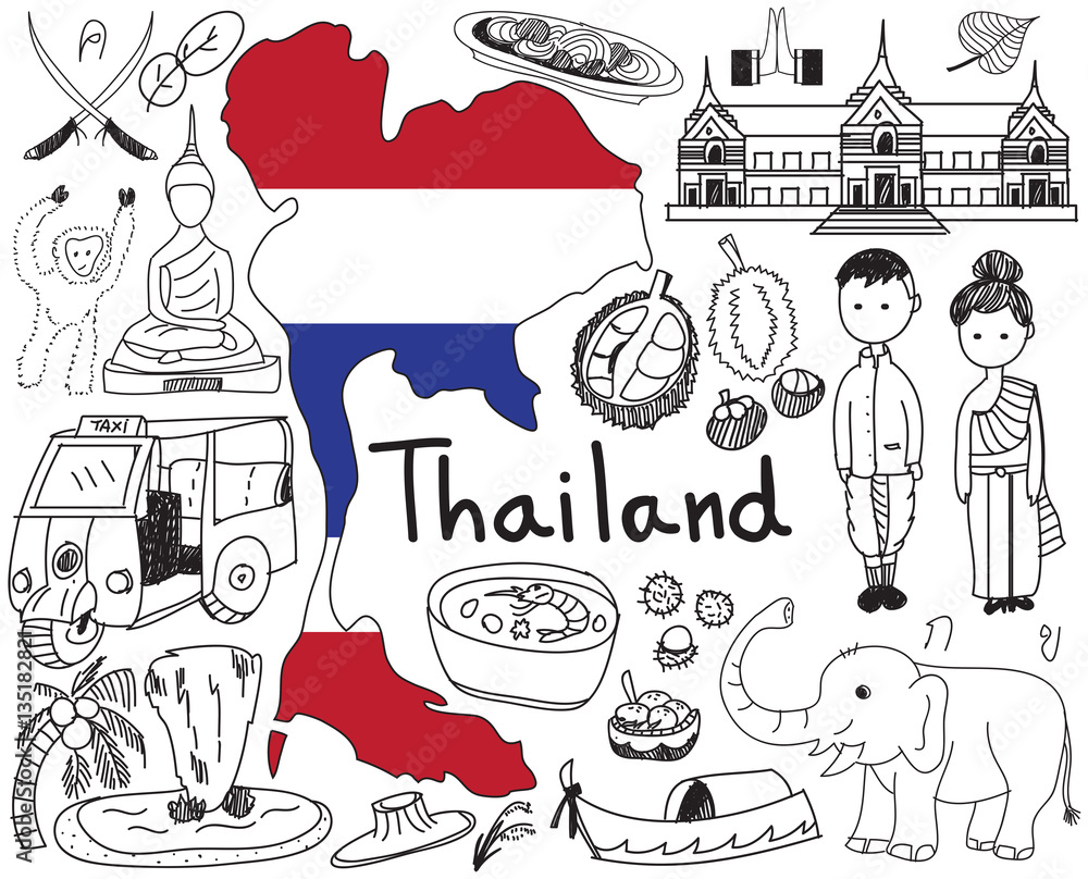 Travel to Thailand (Siam) doodle drawing icon with culture, costume