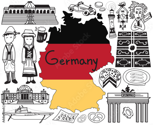 Travel to Germany doodle drawing icon with culture, costume, landmark and cuisine tourism concept in isolated background, create by vector 