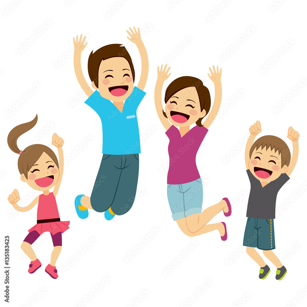 Cute happy family jumping together with arms up Cute happy family jumping together with arms up