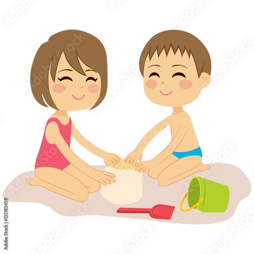 Kids brother and sister playing with sand at beach