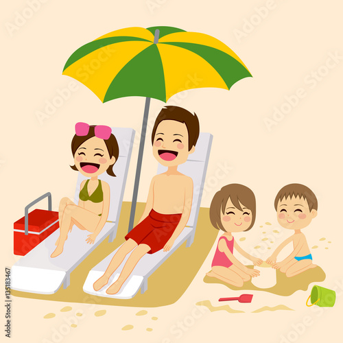 Cute family on beach sunbat...
