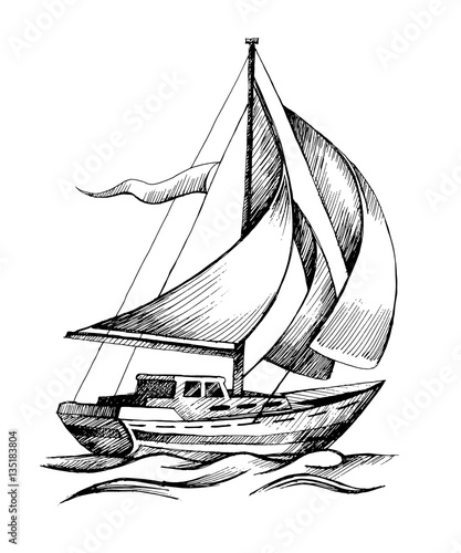 Foto Sailing ship vector sketch isolated with waves.