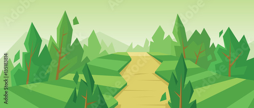 Digital vector abstract background with trees, a road in the mountains, flat cartoon triangle style