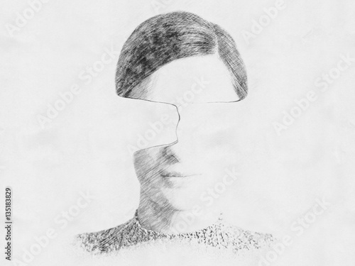 Fototapeta Naklejka Na Ścianę i Meble -  Black and White Abstract Woman Portrait Of Time Passing Concept