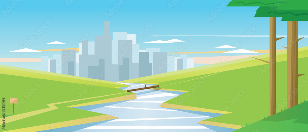 Digital vector abstract background with trees, a river and cityscape view with high buildings, green fields, flat cartoon triangle style