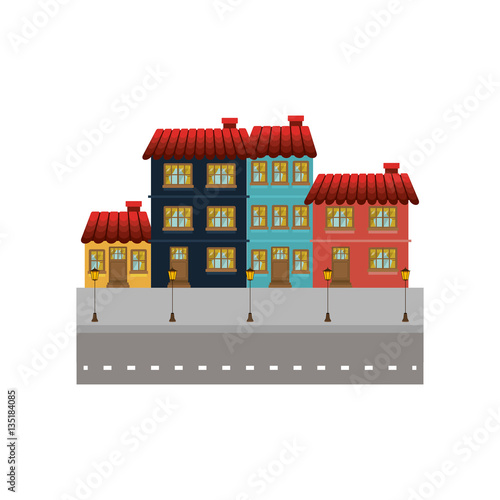 colorful facade buildings in street vector illustration