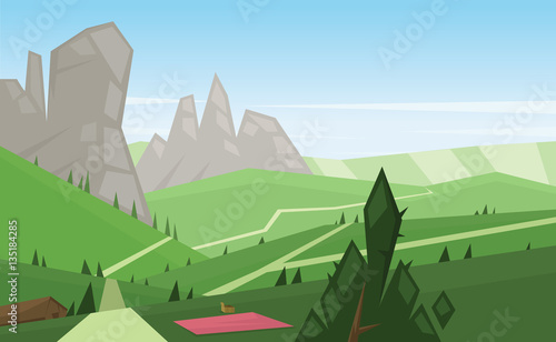 Digital vector abstract background with trees, cactus, a village in the mountains and silver stones, green fields, flat cartoon triangle style