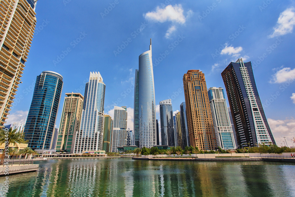 View on the Jumeirah Lakes Towers skyscrapers. Dubai, UAE.