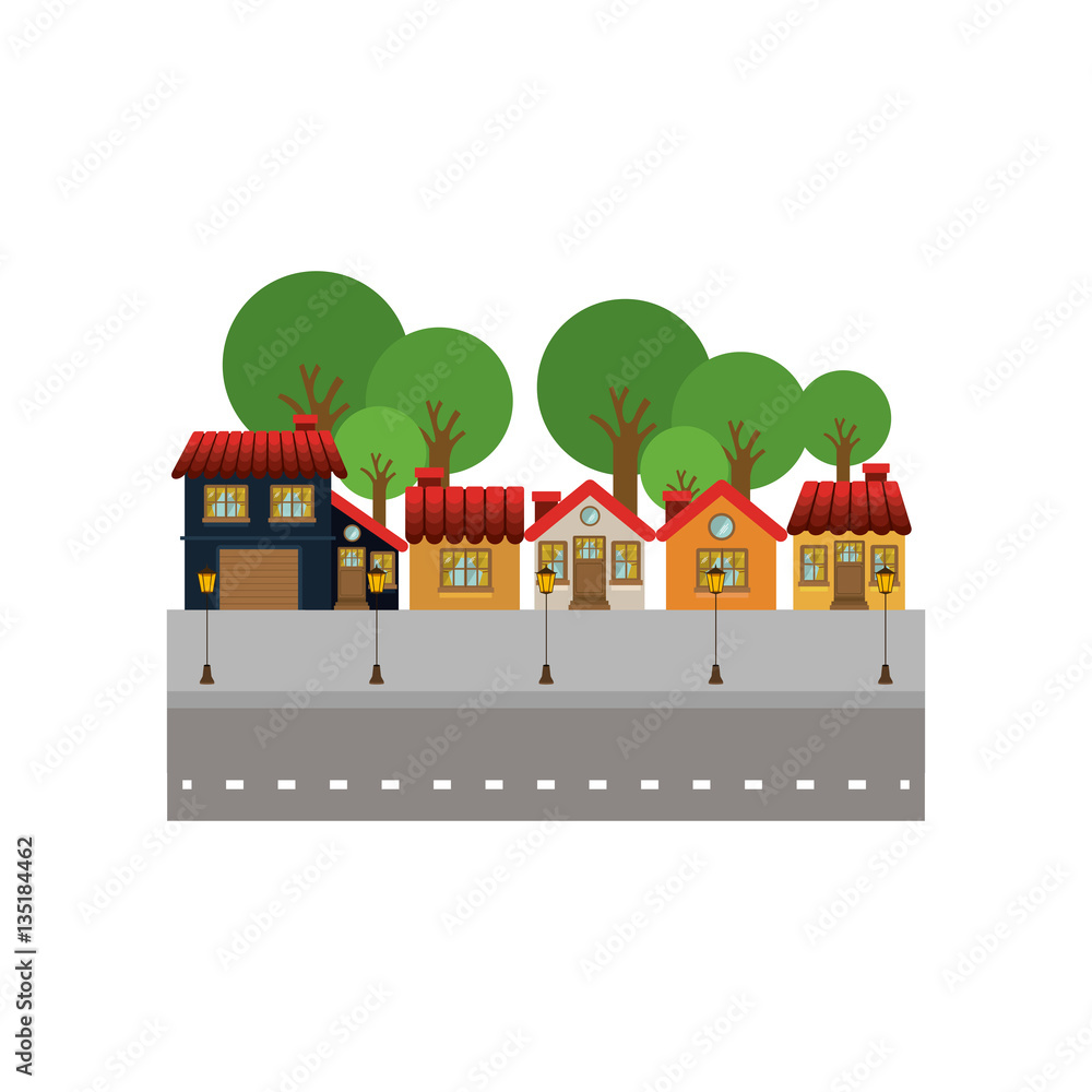 Fototapeta premium colorful facade buildings in street with trees vector illustration