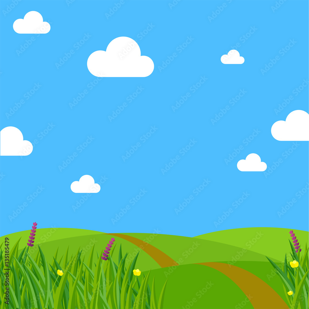 Spring meadow flowers, clear sky and clouds. Spring meadow flowers, clear sky and clouds.