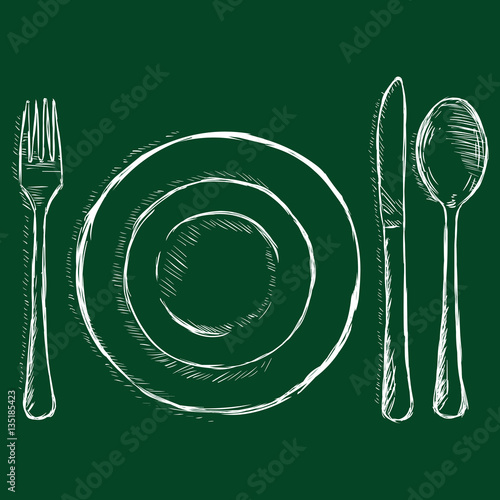 Vector Sketch Chalk Illustration - Cutlery: Fork, Plate, Knife, Spoon