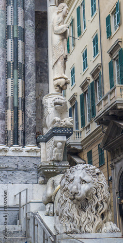 Lion statue in the cathedral of San Lorenzo in Genoa, Italy
