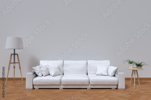 The interior has a White sofa and lamp on empty white wall background 3D rendering