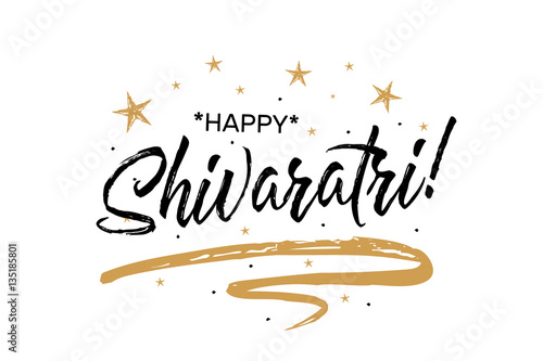 Happy Shivaratri.Beautiful greeting card scratched calligraphy black text word gold stars.Hand drawn invitation T-shirt print design.Handwritten modern brush lettering white background isolated vector