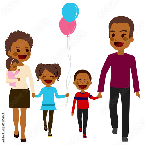 Cute happy five member African American family walking together smiling