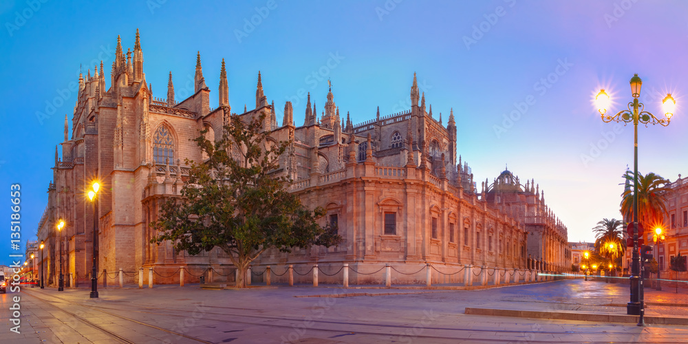 Panorama of catholic Cathedral Saint Mary of the See in the morning, Seville, Andalusia, Spain