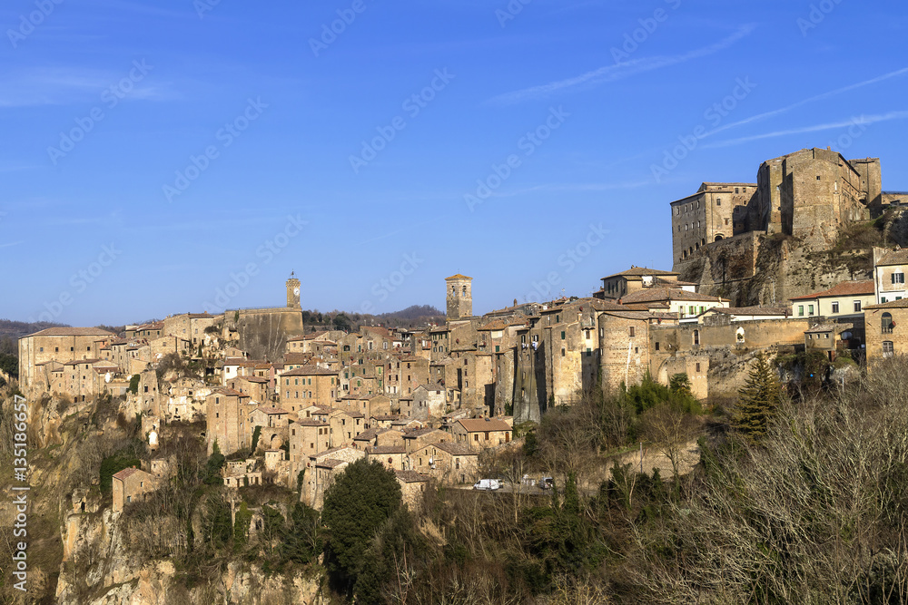 Beautiful panoramic view of the tuff village of Sorano, in the Grosseto Maremma, Grosseto, Tuscany, Italy
