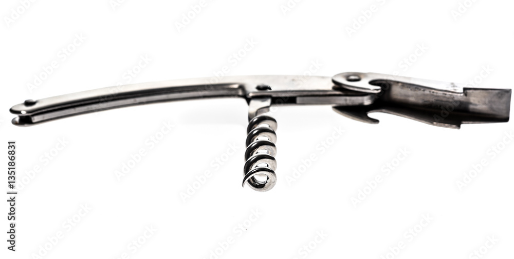 Silver metallic wine corkscrew bottle opener on white background Silver metallic wine corkscrew bottle opener on white background