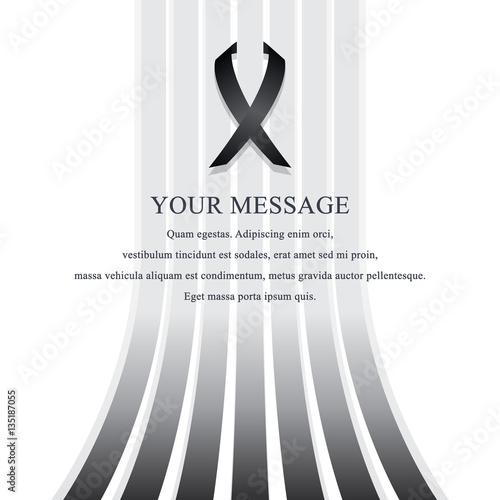 Funeral notice with abstract timeless motive entering Heaven. Obituary notice and condolenences background. Vector mourning card with black ribbon. Funeral card with place for text.