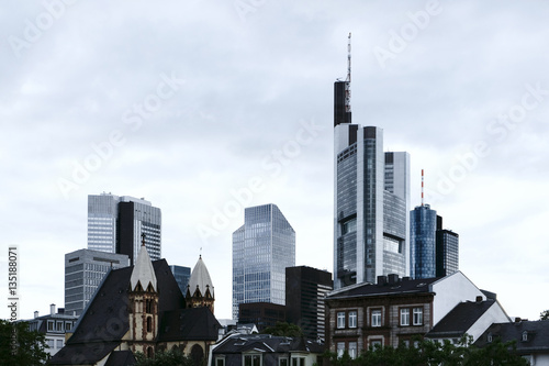 Skyline view of Frankfurt am Main, Germany, financial district, showing the glass facades of the skyscrapers belonging to some of the largest banks in Europe.