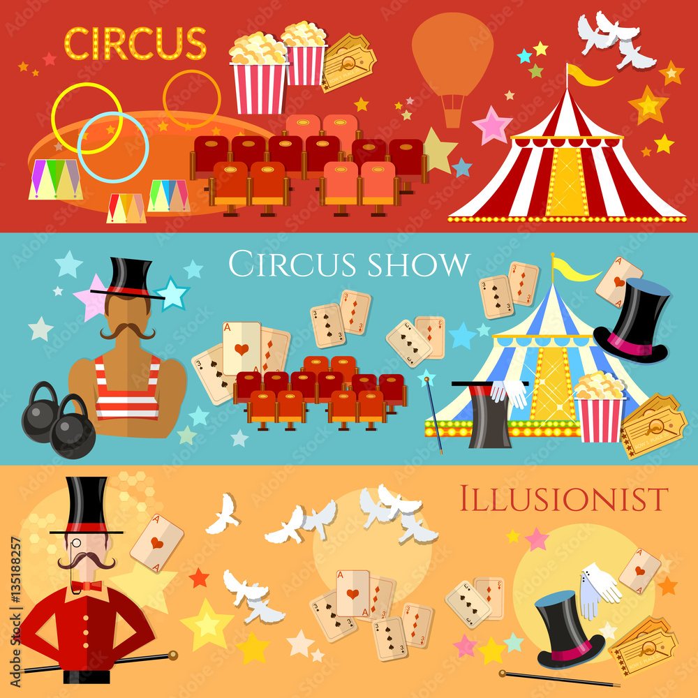 Naklejka premium Circus banner, performance strongman magician magic tricks