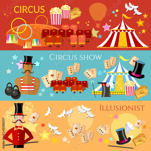 Circus banner, performance strongman magician magic tricks