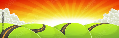Wide Cartoon Travel Landscape With Road And Shining Sun