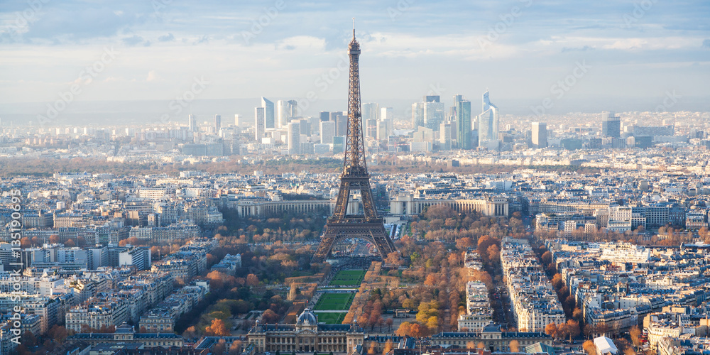 above view of Eiffel Tower and La Defence in Paris