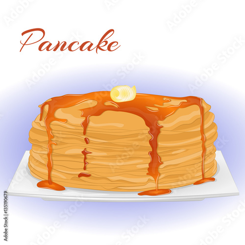 Pancakes with honey and butter for Shrove Tuesday. Holiday poster or placard template in simple cartoon style. Vector illustration. Holiday Collection.