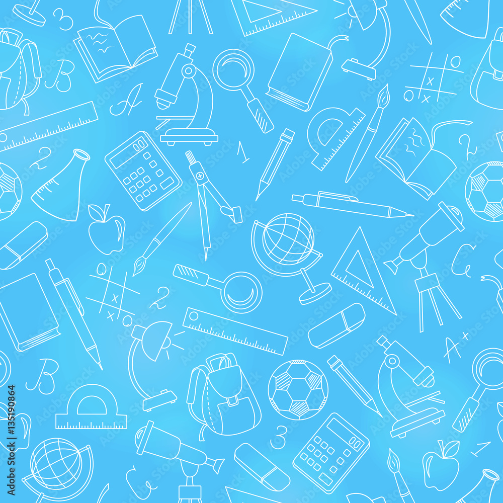 Seamless pattern on the theme of the school, a simple contour icons, light outline on a blue background Seamless pattern on the theme of the school, a simple contour icons, light outline on a blue background