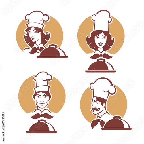 chef and woman chef, vector portrets of professional, in retro s