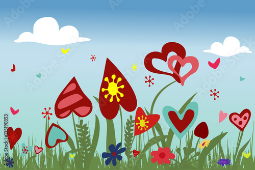 Hearts on sky background
