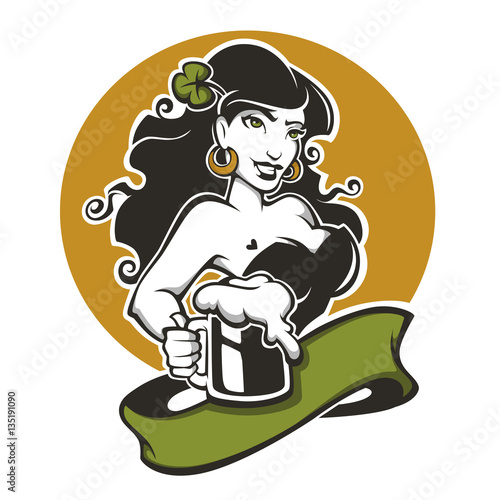 Sexy girl and beer, vector emblem for you Saint Patrick day desi