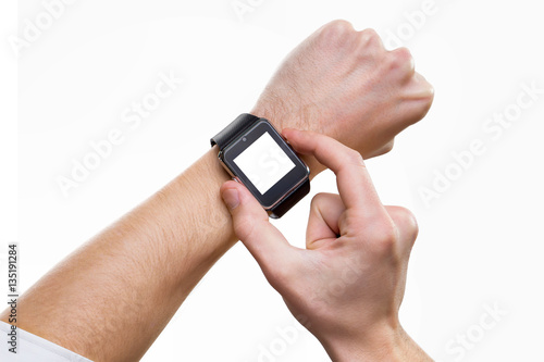Mockup of smart watch on male hand with blank screen isolated