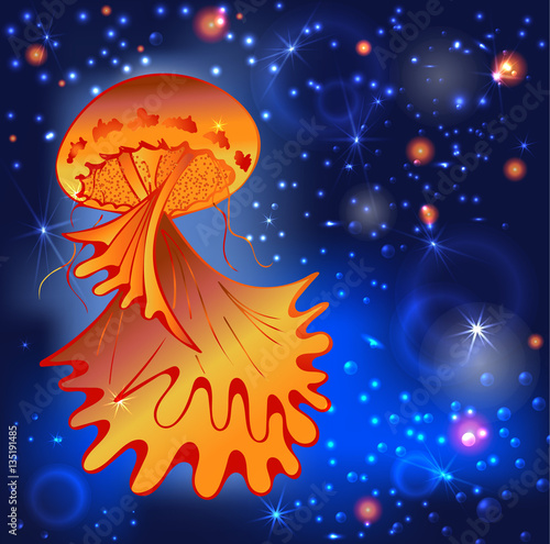 Vector painting jellyfish. Illustration of medusa in the depths of the sea and air bubbles, stars, particles. Element tattoo design, cartoon, doodle. Orange and blue colors..