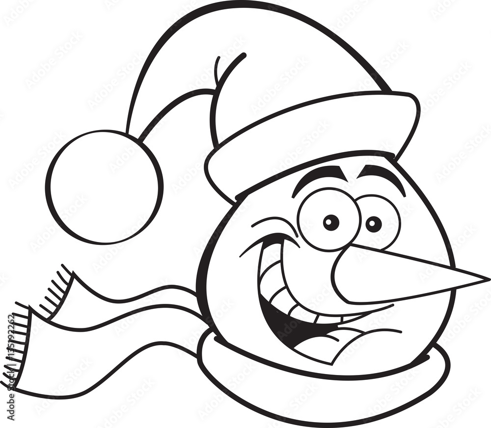 Black and white illustration of a snowman head wearing a Santa hat. Black and white illustration of a snowman head wearing a Santa hat.
