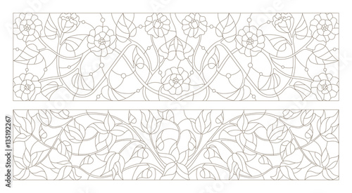 Set contour illustrations of stained glass with abstract swirls and flowers , horizontal orientation