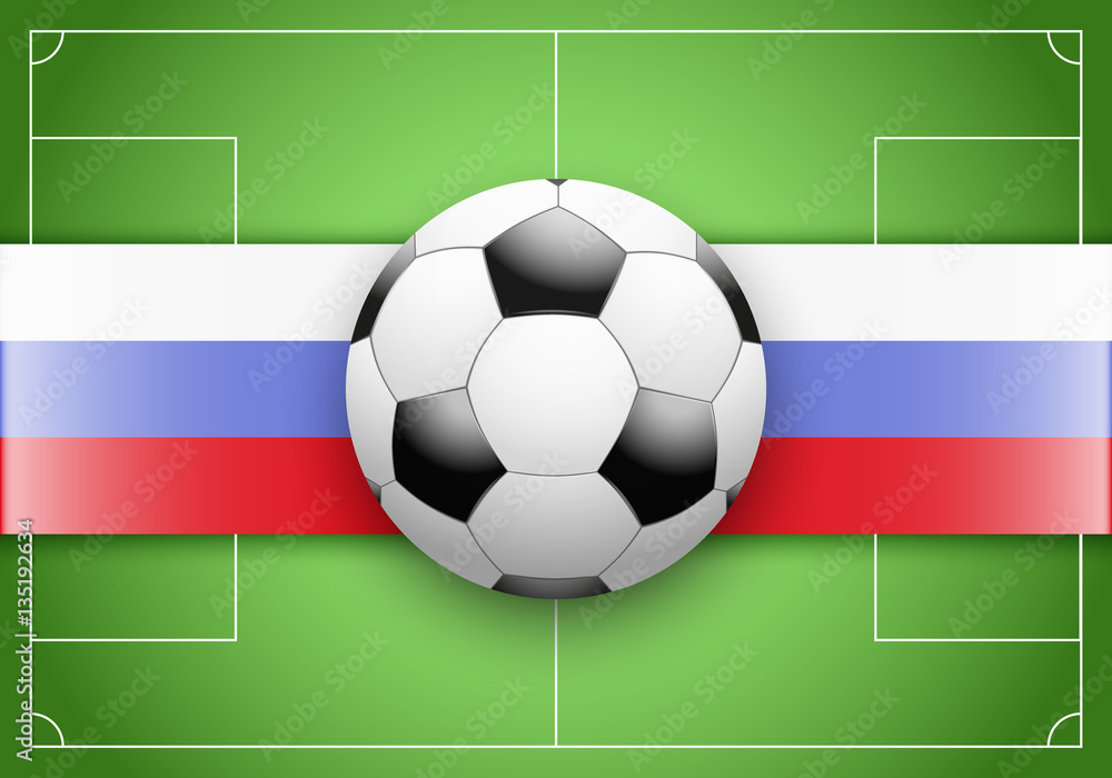 Flag of Russia and football ball on soccer field. Vector Illustration isolated on white background.