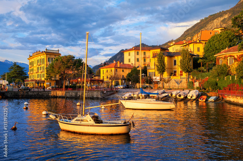 Yachts in a harbour on Lake Como, Italy, on sunset