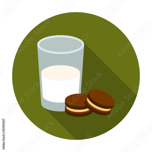 Glass of milk with cookies icon in flat style isolated on white background. Sleep and rest symbol stock vector illustration.