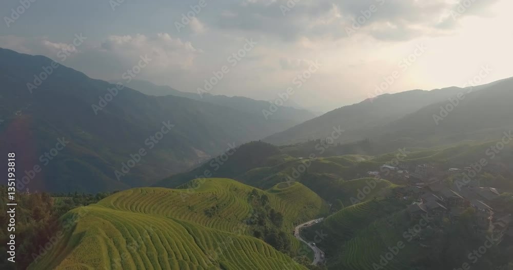 Top view or aerial shot of fresh green and yellow rice fields.Longsheng or Longji Rice Terrace in Ping An Village, Longsheng County, China. Top view or aerial shot of fresh green and yellow rice fields.Longsheng or Longji Rice Terrace in Ping An Village, Longsheng County, China.